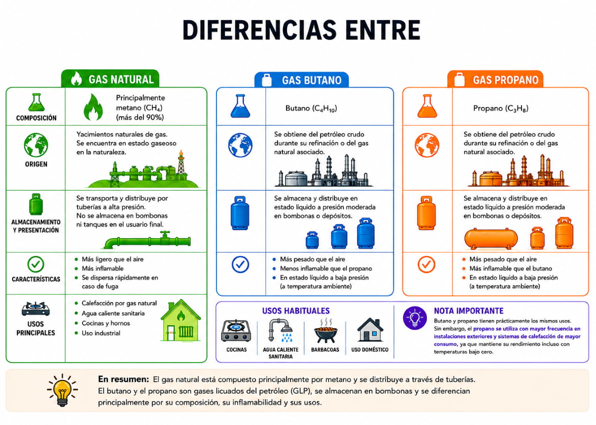 Diferencias entre gas natural, butano, propano
