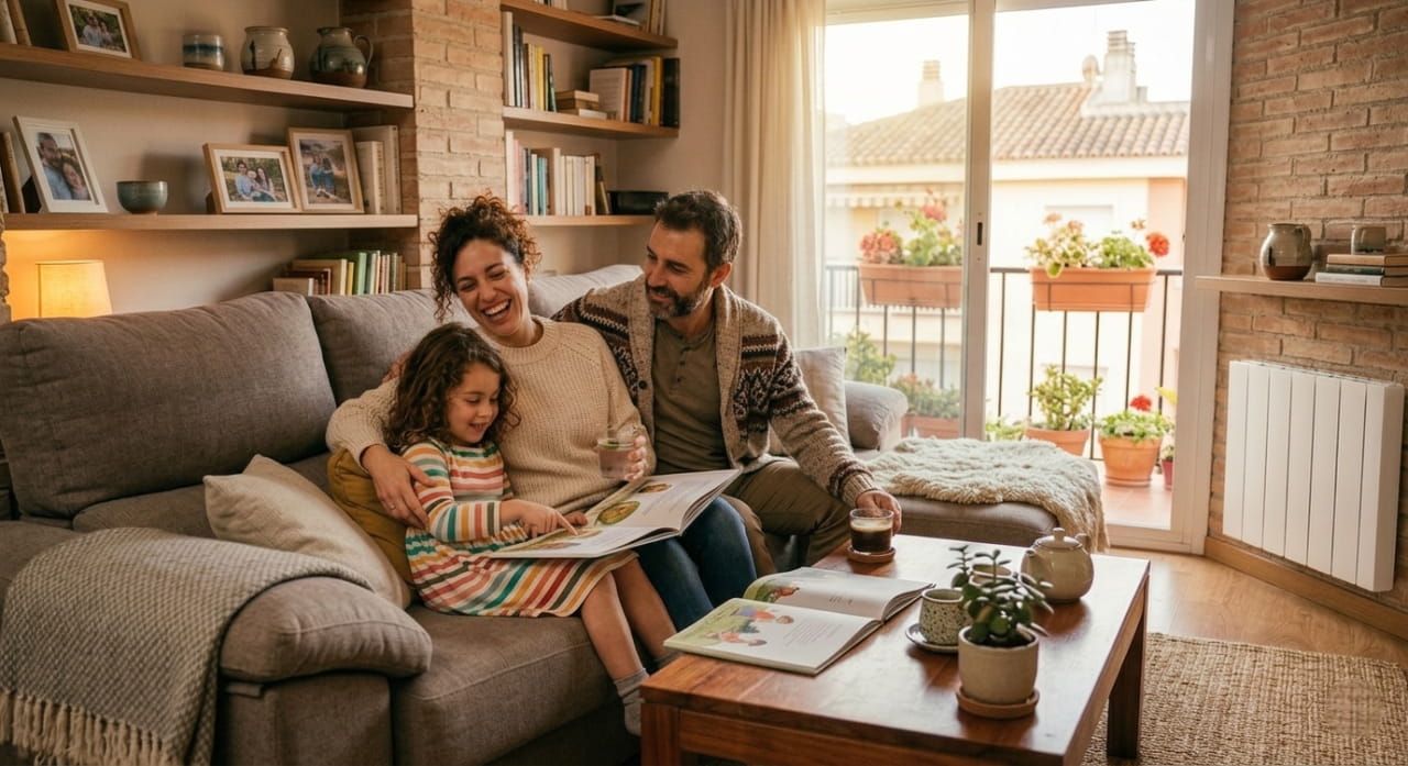 Familia en un salón con calefacción de gas natural